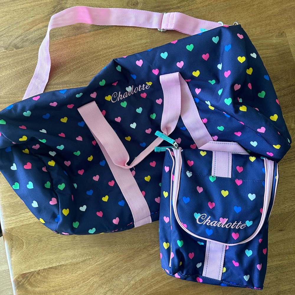 Pottery Barn Mackenzie Navy Pink Multi Hearts Duffle and Toiletry Bag